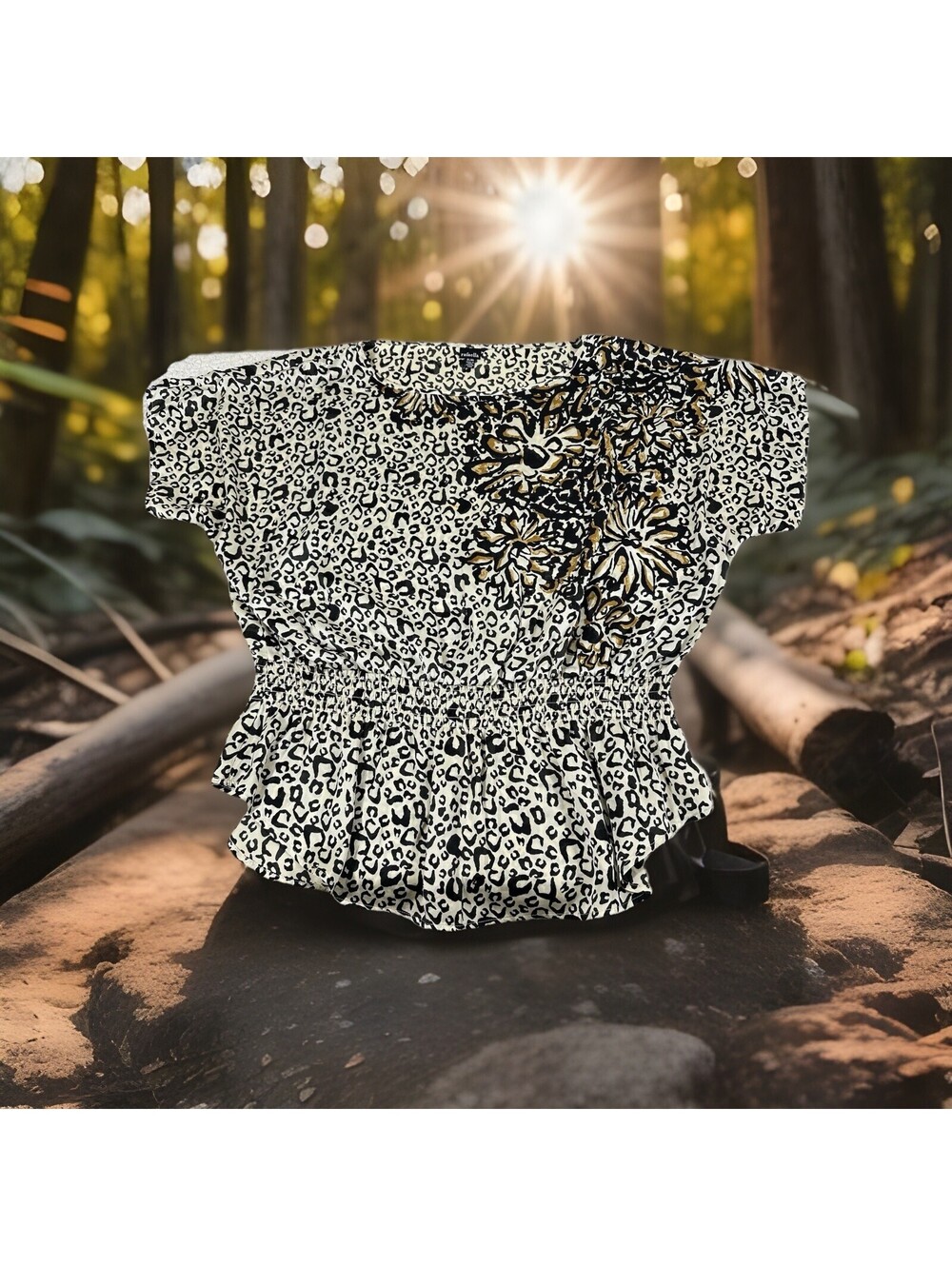 Rafaella Women’s XL Leopard Animal Floral Print Peplum Blouse Dolman Sleeve